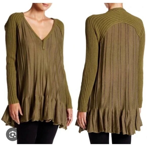Free People Ribs & Ruffles Mini Tunic Dress Women Small Olive Granolagirl Boho - Picture 3 of 11